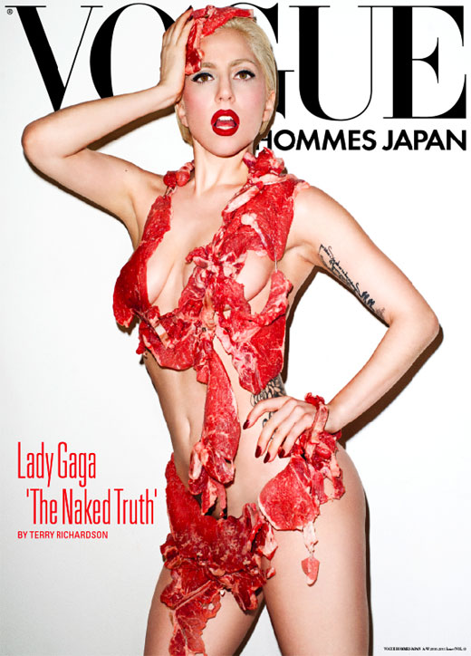 Lady Gaga meat dress, Vogue Hommes Japan. Мясное платье Леди Гаги. 
